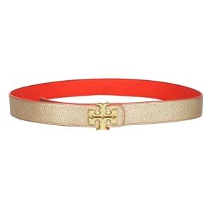 Tory Burch Gold and Red Leather Logo Belt
